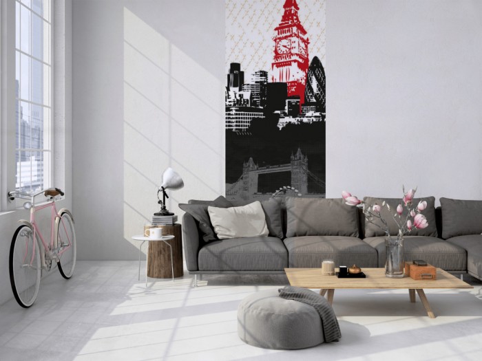 Das 3D-Design-Fotopanel London England, Artwork tapeziert in einem Loft. Bestelle die Bildtapete für Deine Wand online.
