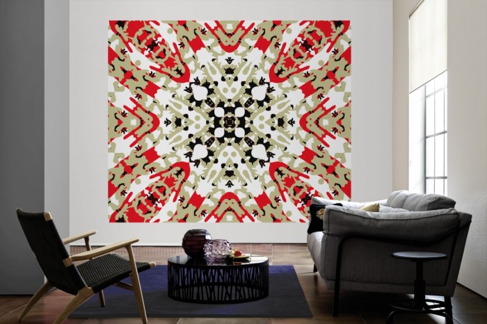 Die Designer-Fototapete Kaleidoskop Camouflage, Artwork by Mylumi als große Bildtapete im Wohnzimmer. Als Bildtapete ist die Designer-Fototapete Kaleidoskop Camouflage, Artwork by Mylumi ein besonderes Highlight auf Vliestapete.