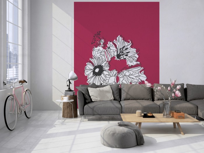 Das Design-Fotopanel Flower-Power Blüte Pink tapeziert in einem Loft. Bestelle die Bildtapete für Deine Wand online.