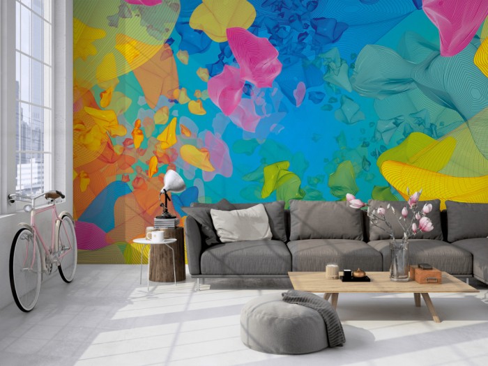 Die Design-Fototapete 3D-Geometrie plastische Formen auf einer großen Wand im Loft tapeziert. Die Design-Fototapete 3D-Geometrie plastische Formen wird individuell auf Deine Wand angepasst.