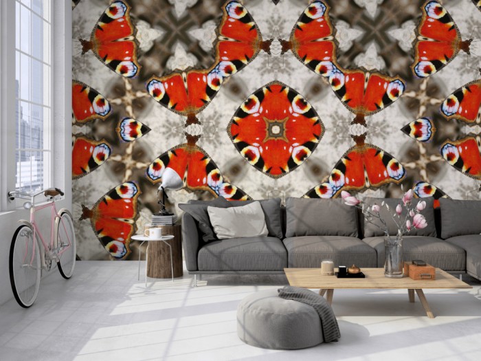 Die Designer-Fototapete Kaleidoskop Schmetterling, Artwork by Mylumi auf einer großen Wand im Loft tapeziert. Die Designer-Fototapete Kaleidoskop Schmetterling, Artwork by Mylumi wird individuell auf Deine Wand angepasst.