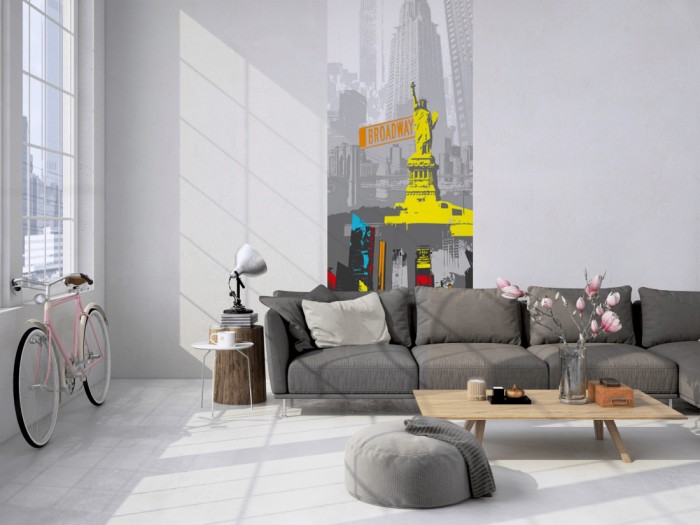 Das 3D-Design-Fotopanel New York USA, Artwork tapeziert in einem Loft. Bestelle die Bildtapete für Deine Wand online.