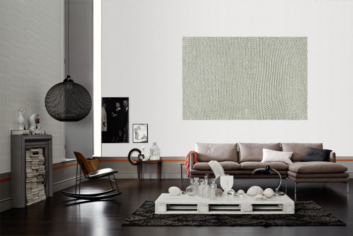 Die Fototapete Wand aus Strick als Wandbild im Wohnzimmer. Die Vlies-Fototapete Wand aus Strick verschönert als Wandbild Deine Wand.