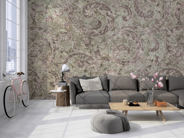 Die Designtapete Barock Ornament, Vintage Grün-Grau auf einer großen Wand im Loft tapeziert. Die Designtapete Barock Ornament, Vintage Grün-Grau wird individuell auf Deine Wand angepasst.
