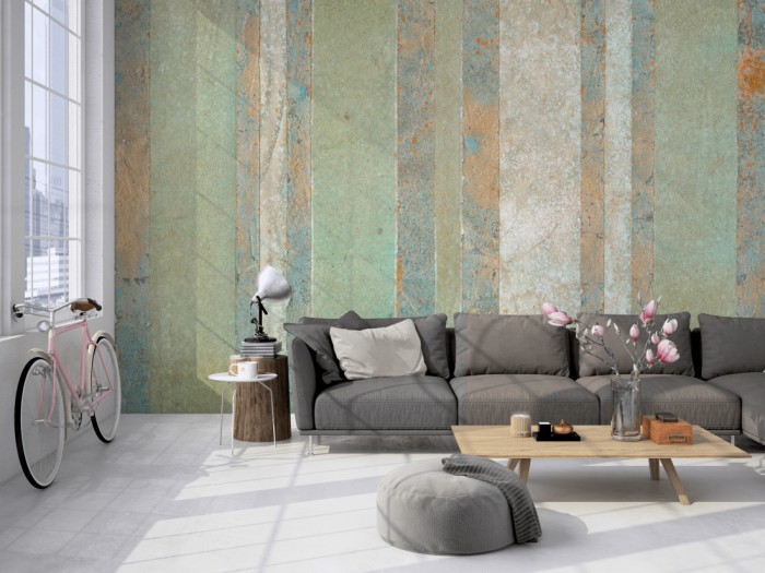 Die Fototapete Vintage Wand aus altem Papier auf einer großen Wand im Loft tapeziert. Die Fototapete Vintage Wand aus altem Papier wird individuell auf Deine Wand angepasst.