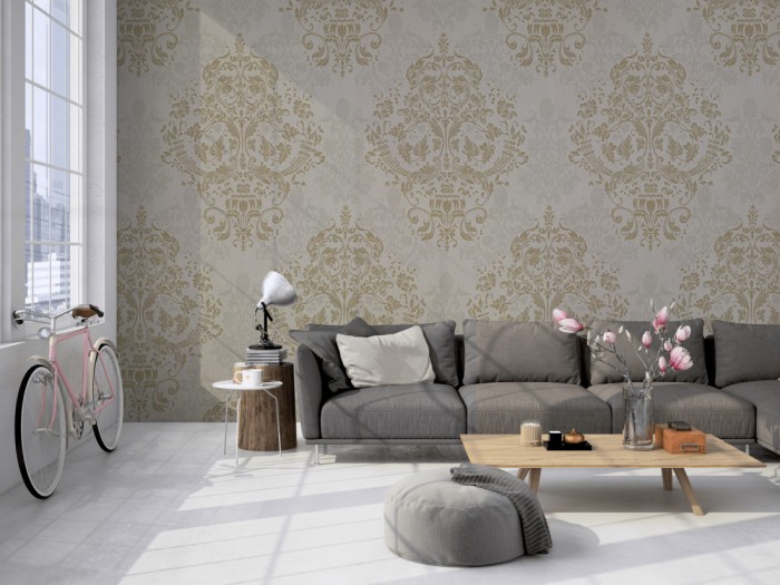 Die Designtapete Barock Ornament, Klassik Grau auf einer großen Wand im Loft tapeziert. Die Designtapete Barock Ornament, Klassik Grau wird individuell auf Deine Wand angepasst.