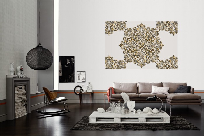 Die Designtapete Barock Ornament, Modern 3D als Wandbild im Wohnzimmer. Die Vlies-Designtapete Barock Ornament, Modern 3D verschönert als Wandbild Deine Wand.