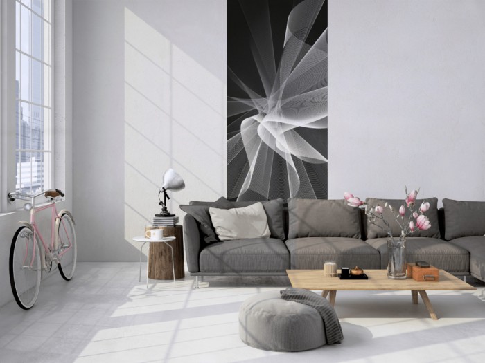 Das 3D-Design-Fotopanel Plastische Form Schwarz, Artwork tapeziert in einem Loft. Bestelle die Bildtapete für Deine Wand online.