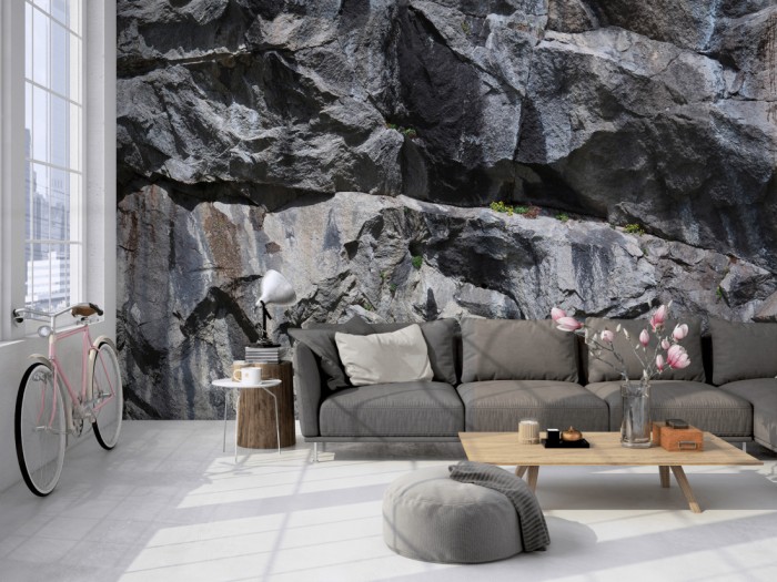 Die Fototapete Felswand, große Felsen auf einer großen Wand im Loft tapeziert. Die Fototapete Felswand, große Felsen wird individuell auf Deine Wand angepasst.