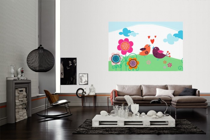 Die Design-Fototapete Vögel auf der Blumenwiese, Artwork für Kinder als Wandbild im Wohnzimmer. Die Vlies-Design-Fototapete Vögel auf der Blumenwiese, Artwork für Kinder verschönert als Wandbild Deine Wand.