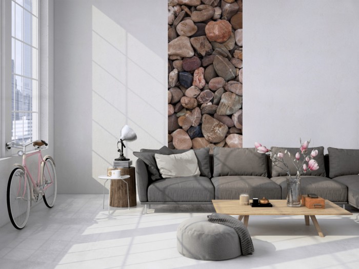 Das 3D-Fotopanel Steine im Wasser tapeziert in einem Loft. Bestelle die Bildtapete für Deine Wand online.