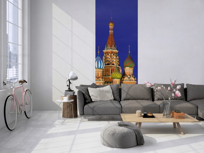 Das 3D-Fotopanel Basilius Kathedrale, Moskau tapeziert in einem Loft. Bestelle die Bildtapete für Deine Wand online.