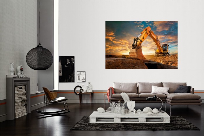 Die Fototapete Gelber Bagger bei Sonnenaufgang als Wandbild im Wohnzimmer. Die Vlies-Fototapete Gelber Bagger bei Sonnenaufgang verschönert als Wandbild Deine Wand.