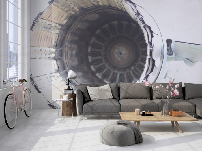 Die Fototapete Flugzeug Turbine auf einer großen Wand im Loft tapeziert. Die Fototapete Flugzeug Turbine wird individuell auf Deine Wand angepasst.