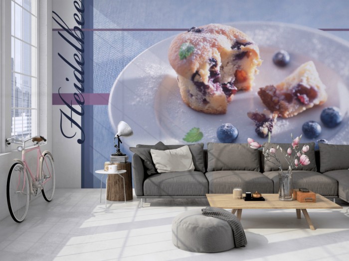 Die Design-Fototapete Muffin mit Heidelbeeren, Artwork auf einer großen Wand im Loft tapeziert. Die Design-Fototapete Muffin mit Heidelbeeren, Artwork wird individuell auf Deine Wand angepasst.