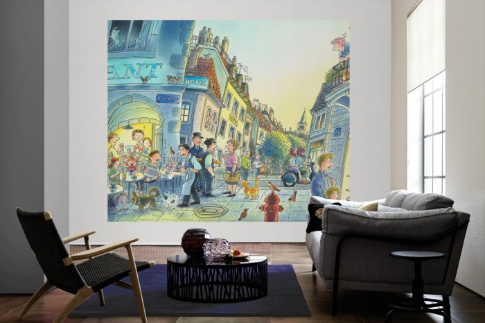 Die Fototapete Paris am Abend, Kindertapete als große Bildtapete im Wohnzimmer. Als Bildtapete ist die Fototapete Paris am Abend, Kindertapete ein besonderes Highlight auf Vliestapete.