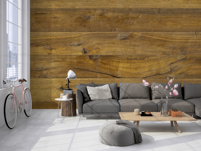 Die Fototapete Holz Wand, Eiche rustikal auf einer großen Wand im Loft tapeziert. Die Fototapete Holz Wand, Eiche rustikal wird individuell auf Deine Wand angepasst.