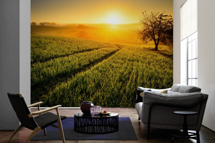 Im Wohnzimmer die Fototapete Landschaft Idylle bei Sonnenaufgang auf einer großen Wand tapeziert. Die Fototapete Landschaft Idylle bei Sonnenaufgang ist als Vlies-Fototapete im Wohnzimmer leicht zu tapezieren.