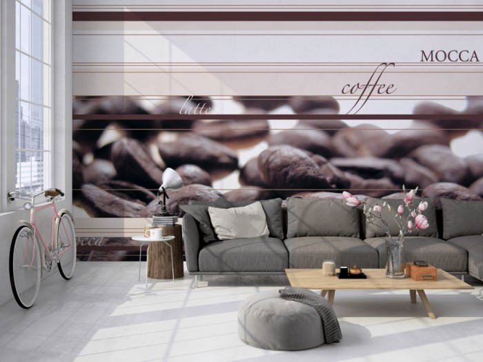 Die Design-Fototapete Kaffee, Artwork auf einer großen Wand im Loft tapeziert. Die Design-Fototapete Kaffee, Artwork wird individuell auf Deine Wand angepasst.