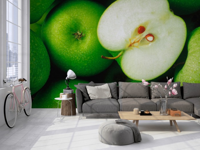 Die Fototapete Apfel auf einer großen Wand im Loft tapeziert. Die Fototapete Apfel wird individuell auf Deine Wand angepasst.