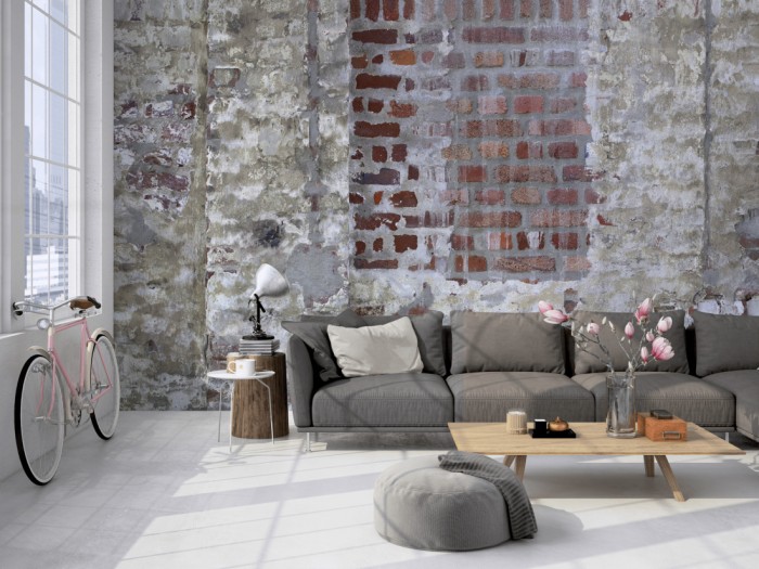 Die Fototapete Ziegel Wand, Vintage Wand auf einer großen Wand im Loft tapeziert. Die Fototapete Ziegel Wand, Vintage Wand wird individuell auf Deine Wand angepasst.