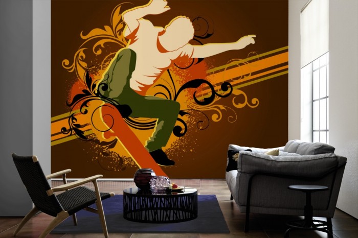 Im Wohnzimmer die Design-Fototapete Skater, Artwork auf einer großen Wand tapeziert. Die Design-Fototapete Skater, Artwork ist als Vlies-Fototapete im Wohnzimmer leicht zu tapezieren.