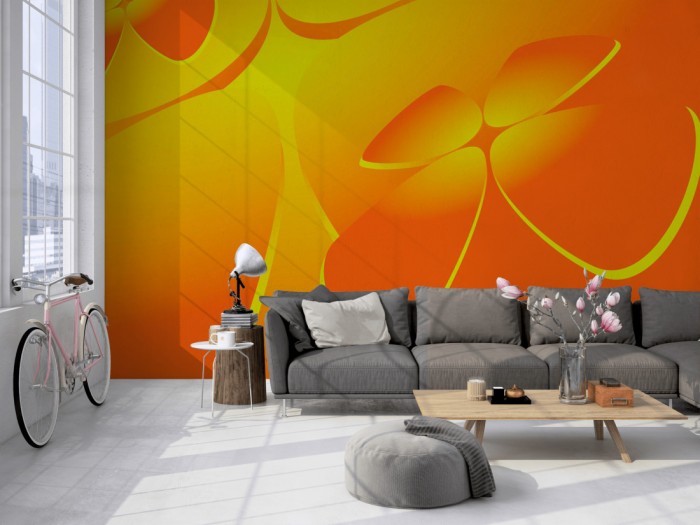 Die Design-Fototapete 3D-Geometrie plastische Formen Orange auf einer großen Wand im Loft tapeziert. Die Design-Fototapete 3D-Geometrie plastische Formen Orange wird individuell auf Deine Wand angepasst.