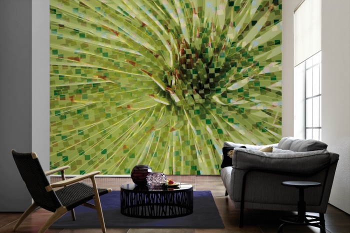 Im Wohnzimmer die Design-Fototapete 3D-Geometrie Blumen Blüte auf einer großen Wand tapeziert. Die Design-Fototapete 3D-Geometrie Blumen Blüte ist als Vlies-Fototapete im Wohnzimmer leicht zu tapezieren.