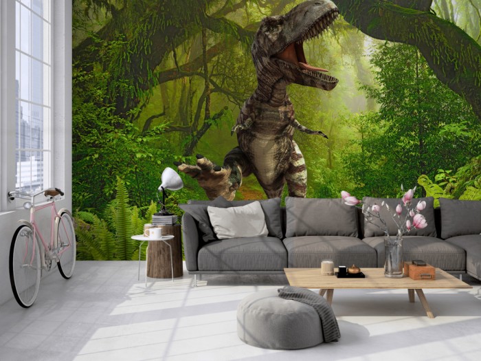 Die Fototapete Dinosaurier im Dschungel, T-Rex auf einer großen Wand im Loft tapeziert. Die Fototapete Dinosaurier im Dschungel, T-Rex wird individuell auf Deine Wand angepasst.