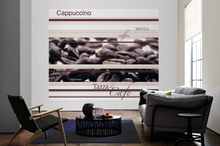 Die Design-Fototapete Kaffee, Artwork als große Bildtapete im Wohnzimmer. Als Bildtapete ist die Design-Fototapete Kaffee, Artwork ein besonderes Highlight auf Vliestapete.
