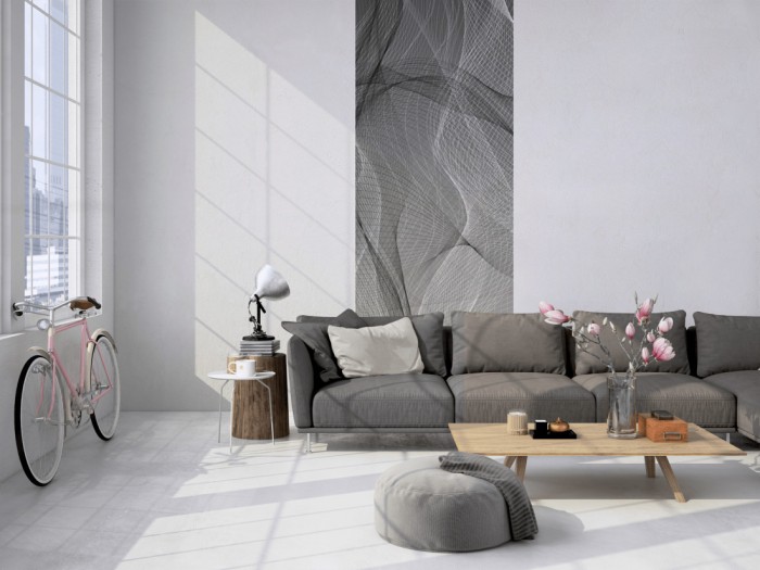 Das 3D-Design-Fotopanel Plastische Formen Grau, Artwork tapeziert in einem Loft. Bestelle die Bildtapete für Deine Wand online.