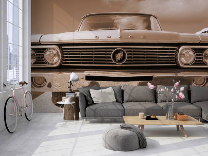 Die Fototapete Oldtimer Buick Cadillac auf einer großen Wand im Loft tapeziert. Die Fototapete Oldtimer Buick Cadillac wird individuell auf Deine Wand angepasst.