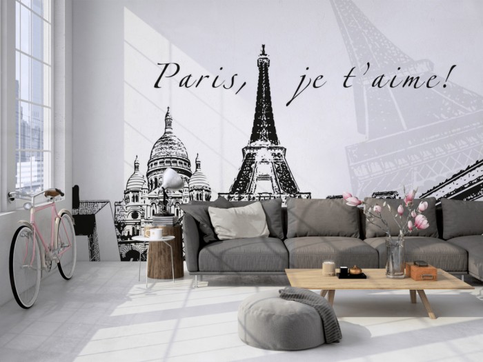 Die Design-Fototapete Paris Frankreich, Artwork auf einer großen Wand im Loft tapeziert. Die Design-Fototapete Paris Frankreich, Artwork wird individuell auf Deine Wand angepasst.