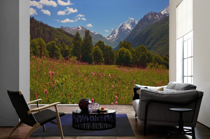 Im Wohnzimmer die Fototapete Berglandschaft Rocky Mountains, San Juan auf einer großen Wand tapeziert. Die Fototapete Berglandschaft Rocky Mountains, San Juan ist als Vlies-Fototapete im Wohnzimmer leicht zu tapezieren.