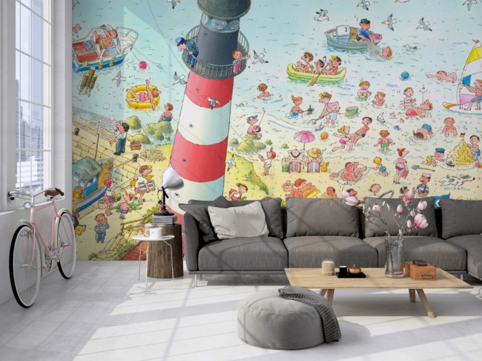 Die Fototapete Strand mit Leuchturm, Wimmelbild für Kinder auf einer großen Wand im Loft tapeziert. Die Fototapete Strand mit Leuchturm, Wimmelbild für Kinder wird individuell auf Deine Wand angepasst.