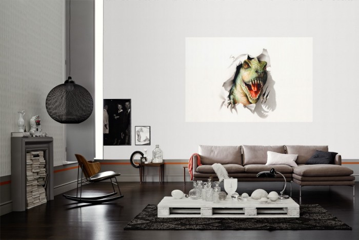 Die Fototapete T-Rex, Dinosaurier als Wandbild im Wohnzimmer. Die Vlies-Fototapete T-Rex, Dinosaurier verschönert als Wandbild Deine Wand.