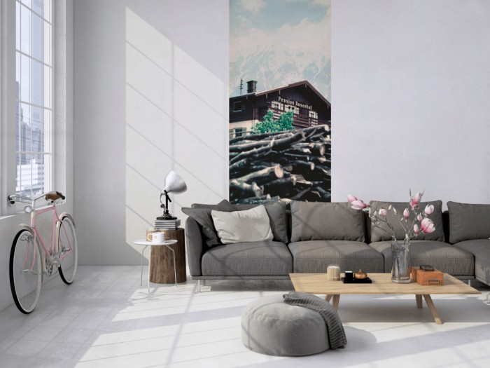 Das 3D-Fotopanel Blick auf die Berghütte, Vintage tapeziert in einem Loft. Bestelle die Bildtapete für Deine Wand online.