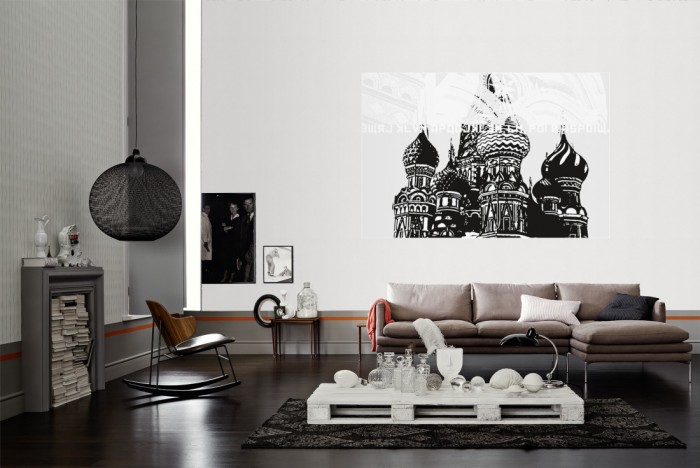 Die Design-Fototapete Moskau Russland, Artwork als Wandbild im Wohnzimmer. Die Vlies-Design-Fototapete Moskau Russland, Artwork verschönert als Wandbild Deine Wand.