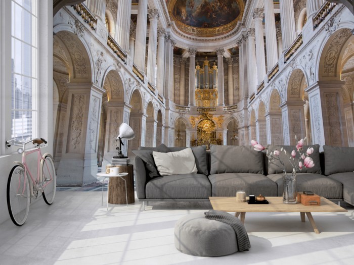 Die Fototapete Kapelle des Schloss Versailles auf einer großen Wand im Loft tapeziert. Die Fototapete Kapelle des Schloss Versailles wird individuell auf Deine Wand angepasst.