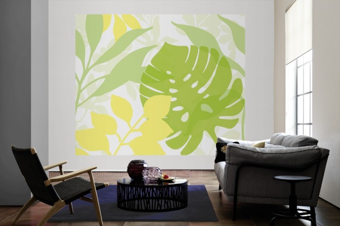 Die Design-Fototapete Blätter, Artwork als große Bildtapete im Wohnzimmer. Als Bildtapete ist die Design-Fototapete Blätter, Artwork ein besonderes Highlight auf Vliestapete.