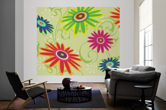 Die Design-Fototapete Blumen der 70er, Artwork als große Bildtapete im Wohnzimmer. Als Bildtapete ist die Design-Fototapete Blumen der 70er, Artwork ein besonderes Highlight auf Vliestapete.