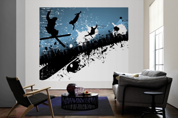Die Design-Fototapete Snowboarder & Skifahrer, Artwork für Kinder als große Bildtapete im Wohnzimmer. Als Bildtapete ist die Design-Fototapete Snowboarder & Skifahrer, Artwork für Kinder ein besonderes Highlight auf Vliestapete.