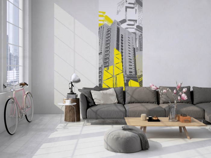 Das 3D-Design-Fotopanel Hongkong, Artwork tapeziert in einem Loft. Bestelle die Bildtapete für Deine Wand online.