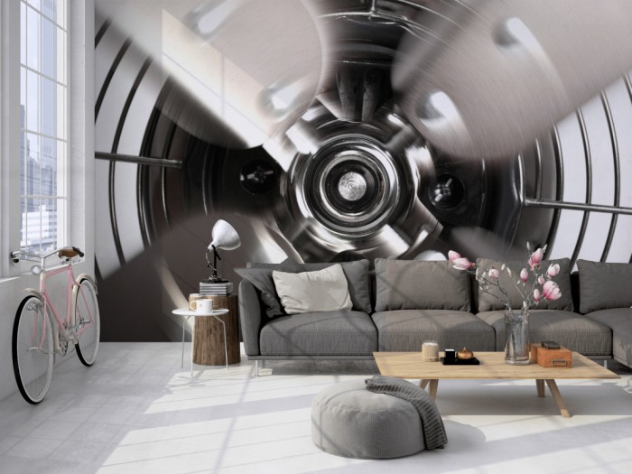 Die Fototapete Ventilator auf einer großen Wand im Loft tapeziert. Die Fototapete Ventilator wird individuell auf Deine Wand angepasst.