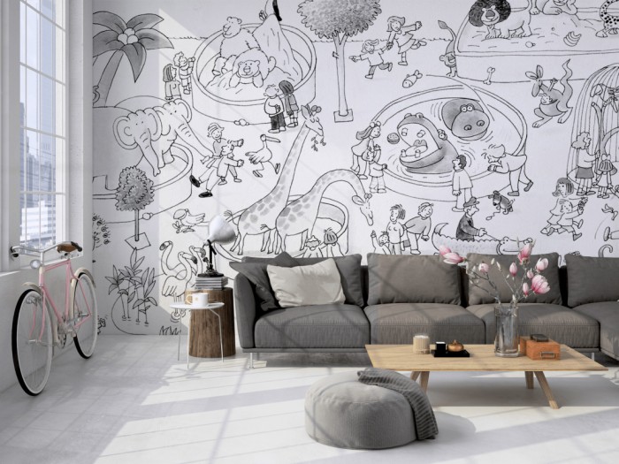 Die Fototapete Zoo, Wimmelbild für Kinder zum Ausmalen auf einer großen Wand im Loft tapeziert. Die Fototapete Zoo, Wimmelbild für Kinder zum Ausmalen wird individuell auf Deine Wand angepasst.
