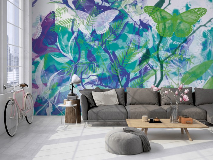 Die Designer-Fototapete Garten der Schmetterlinge, Artwork by Mylumi auf einer großen Wand im Loft tapeziert. Die Designer-Fototapete Garten der Schmetterlinge, Artwork by Mylumi wird individuell auf Deine Wand angepasst.