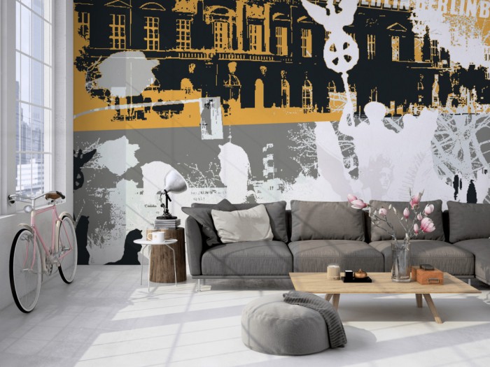 Die Design-Fototapete Berlin Deutschland, Artwork auf einer großen Wand im Loft tapeziert. Die Design-Fototapete Berlin Deutschland, Artwork wird individuell auf Deine Wand angepasst.