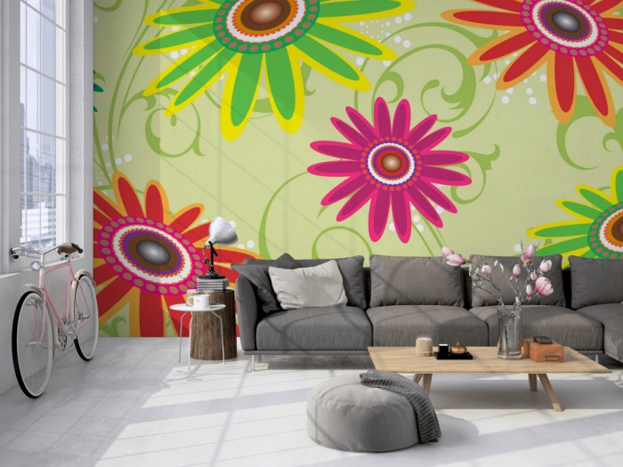 Die Design-Fototapete Blumen der 70er, Artwork auf einer großen Wand im Loft tapeziert. Die Design-Fototapete Blumen der 70er, Artwork wird individuell auf Deine Wand angepasst.