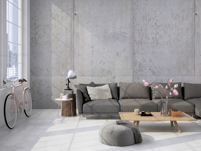 Die Fototapete Beton Wand, Sichtbeton auf einer großen Wand im Loft tapeziert. Die Fototapete Beton Wand, Sichtbeton wird individuell auf Deine Wand angepasst.