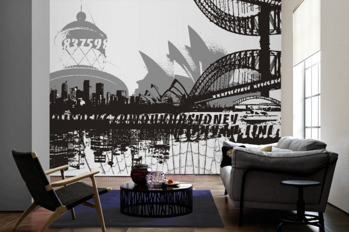 Im Wohnzimmer die Design-Fototapete Sydney Australien, Artwork auf einer großen Wand tapeziert. Die Design-Fototapete Sydney Australien, Artwork ist als Vlies-Fototapete im Wohnzimmer leicht zu tapezieren.